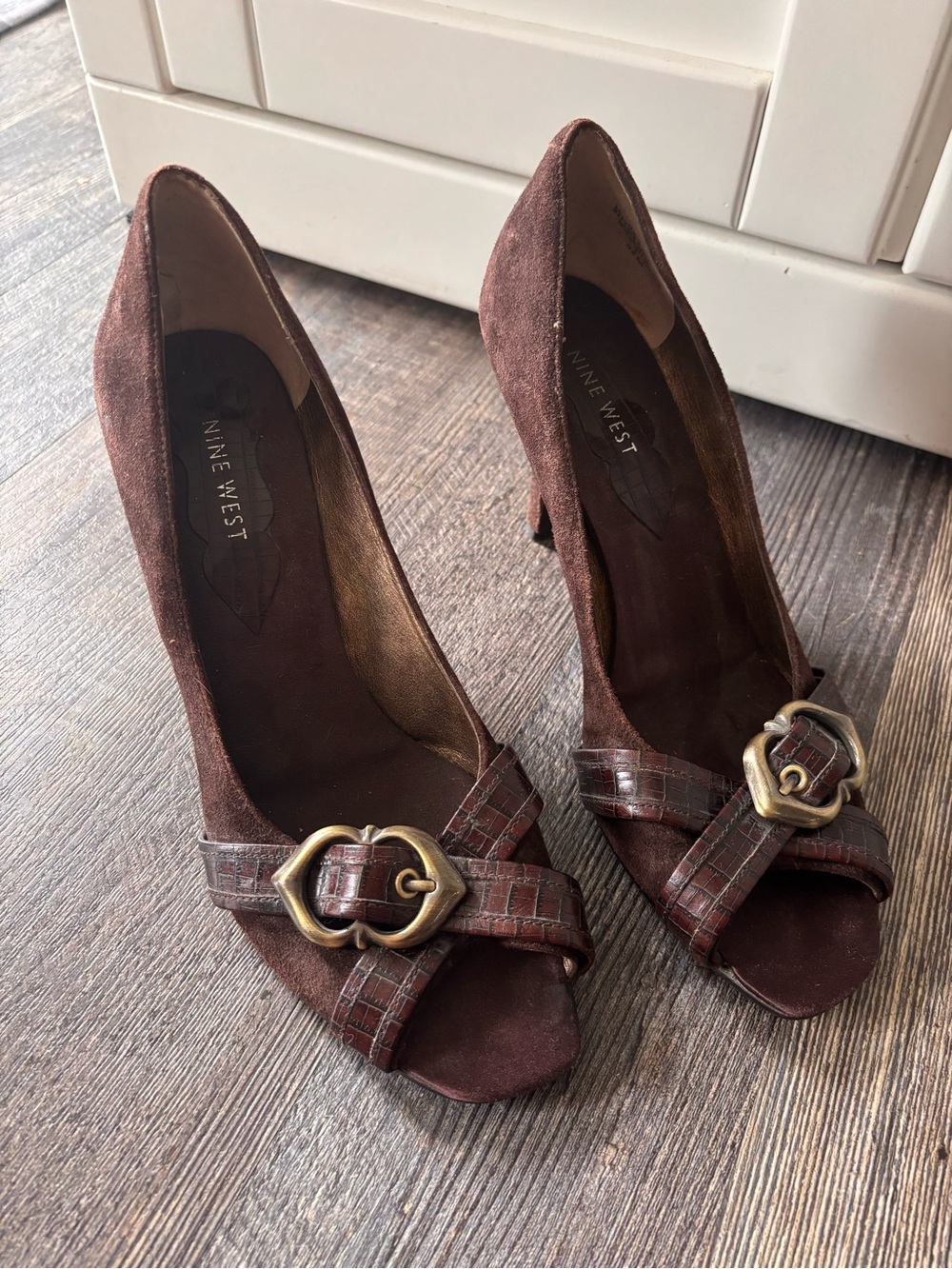 Nine West Brown Suede Open-Toe Heels with Buckle Accent